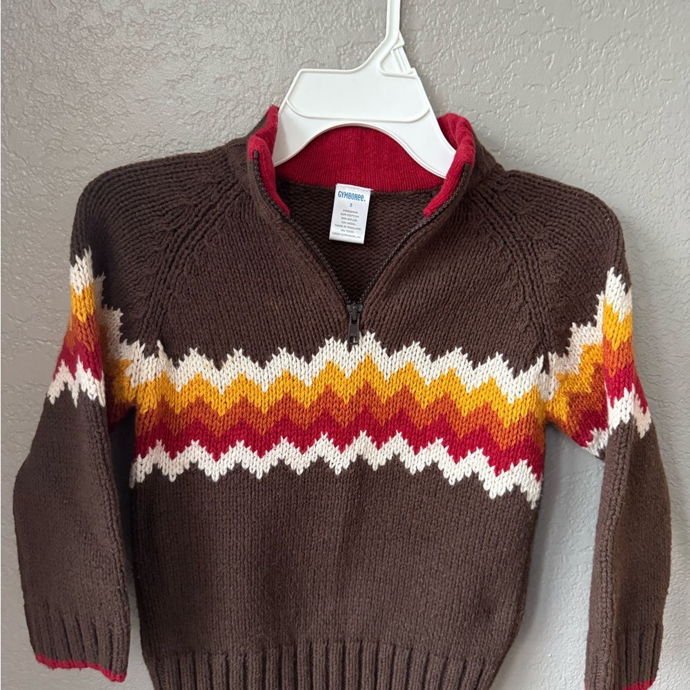 Gymboree Brown Sweater with Red, Yellow, and White Zigzag